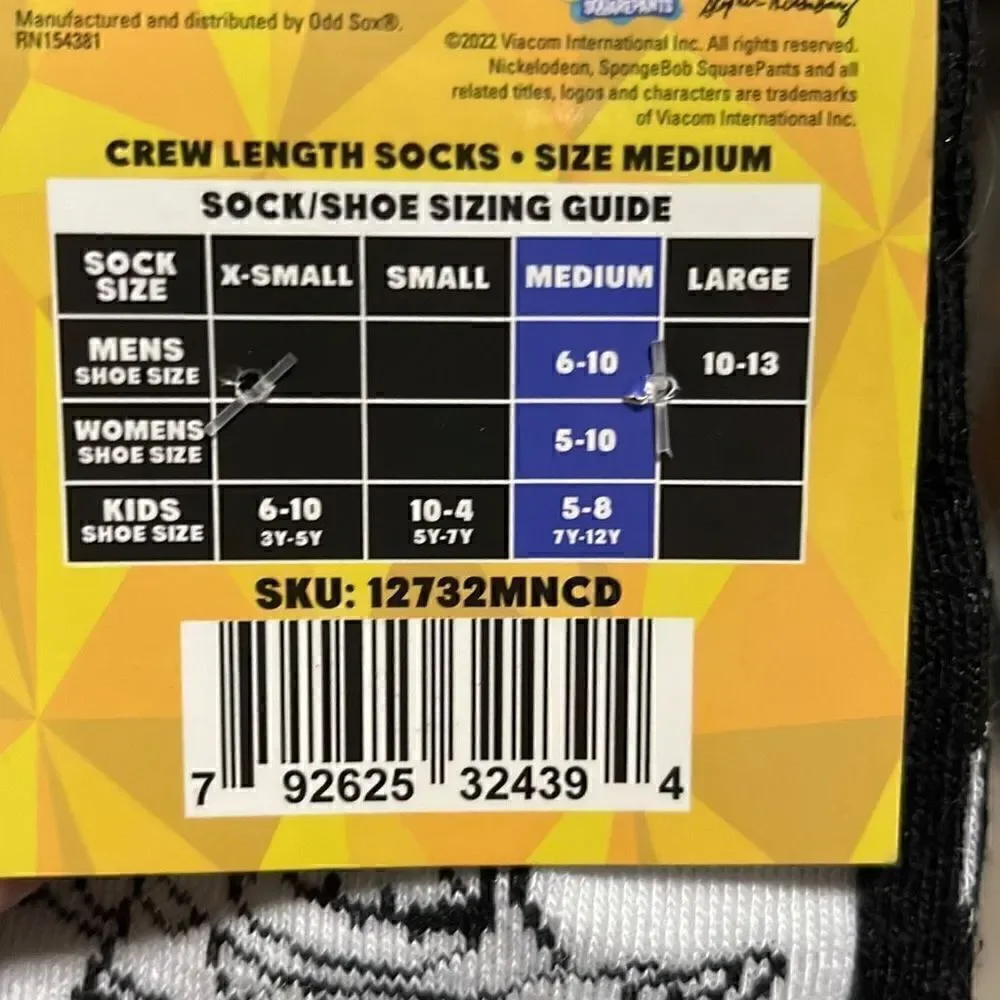 Sponge Bob Squarepants Socks 2 PAIR Size Medium Unisex Men Women and Kids